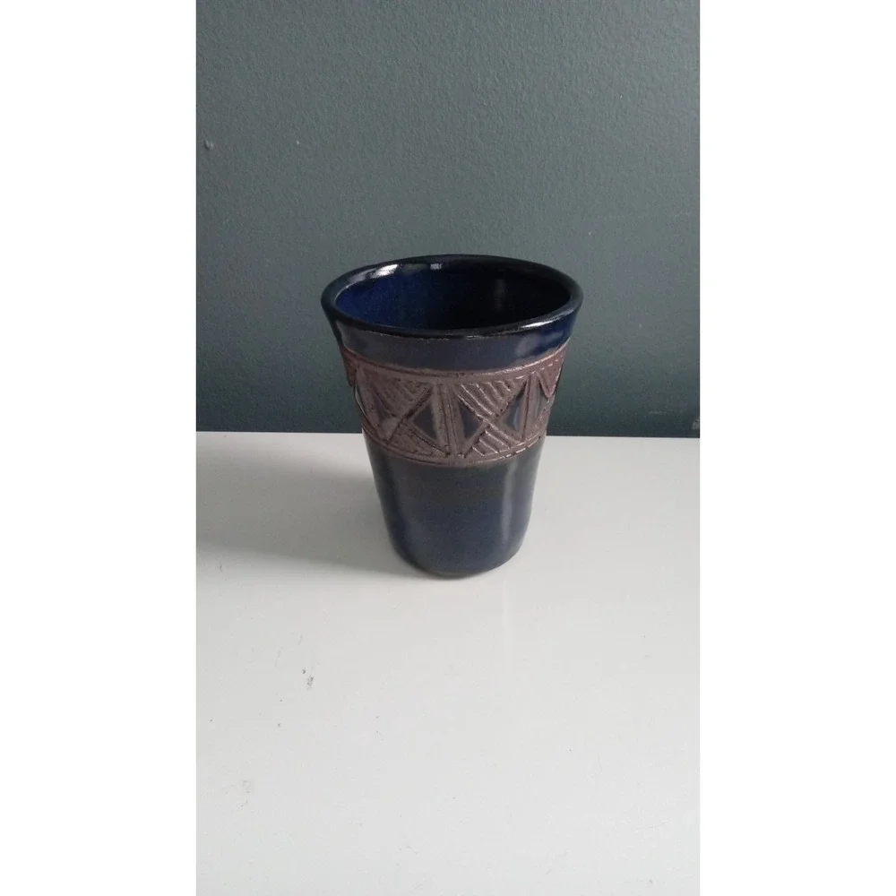 Artisan Pottery Vase Blue‎ Brown Geometric Design Decor Table Vase